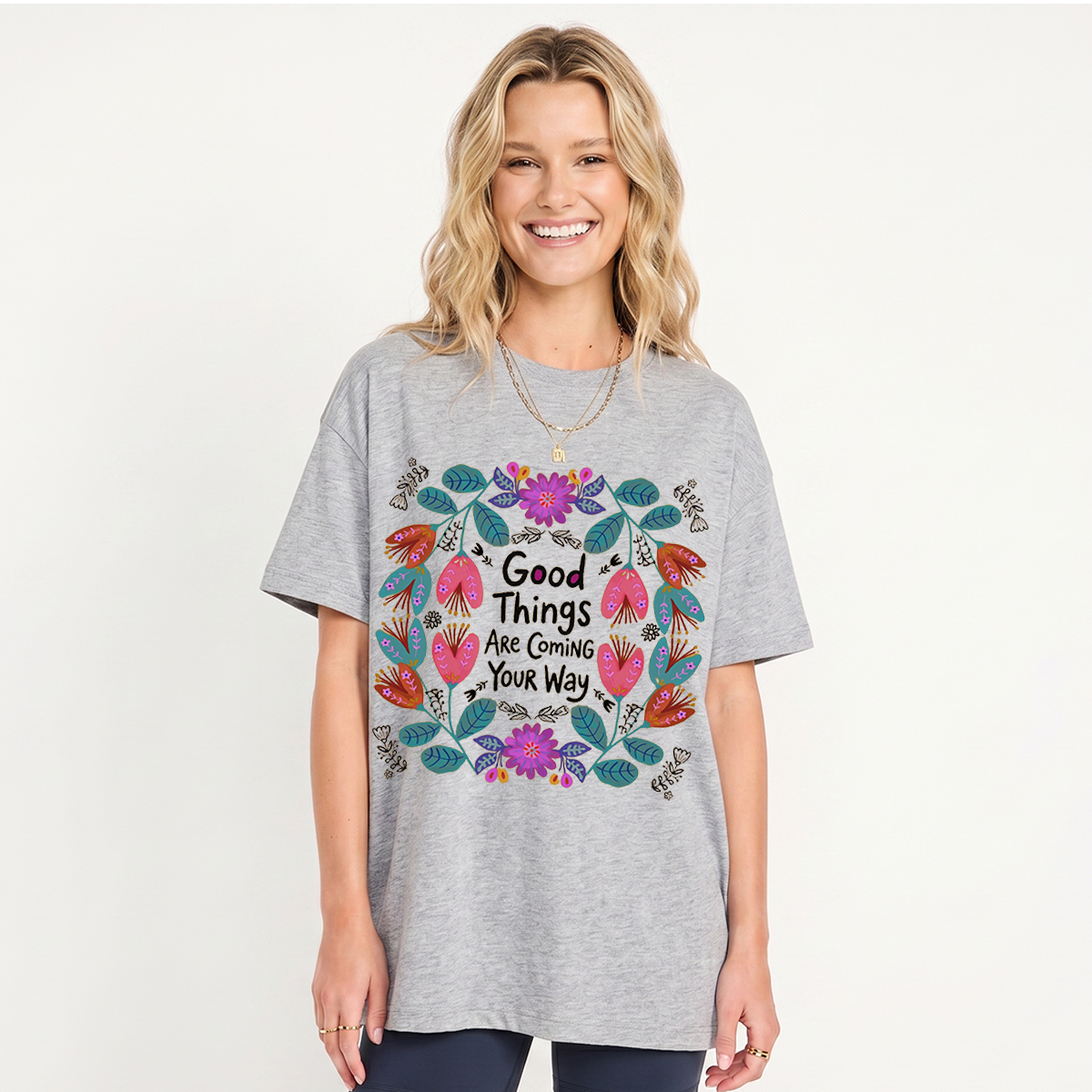 Good Things Are Coming Your Way Print Crew Neck Cotton Tee