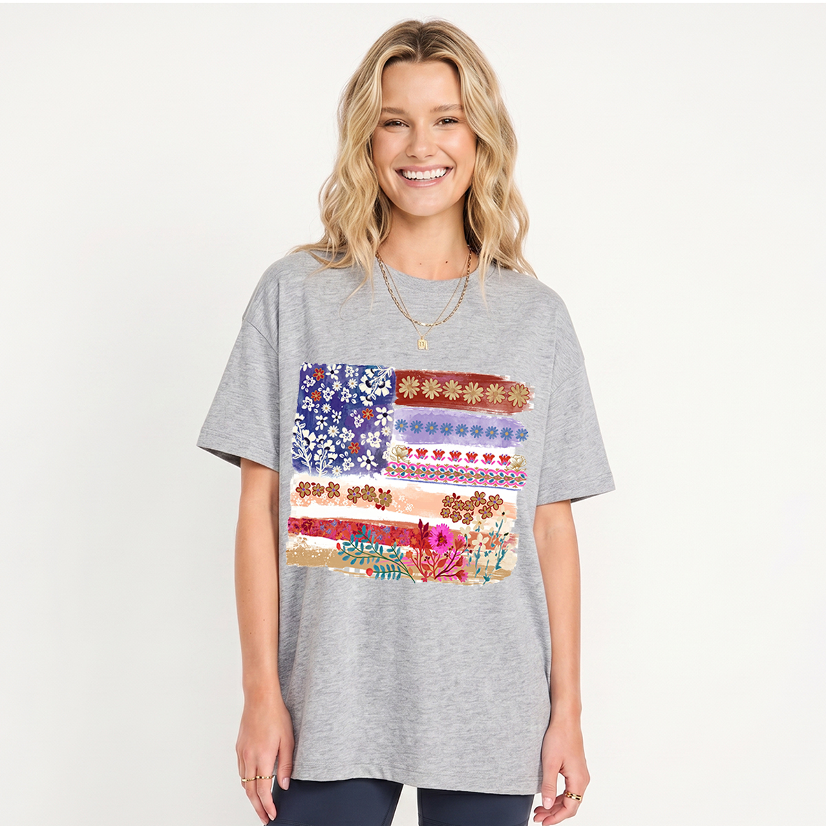 Flower Flag Print Crew Neck Cotton Tee