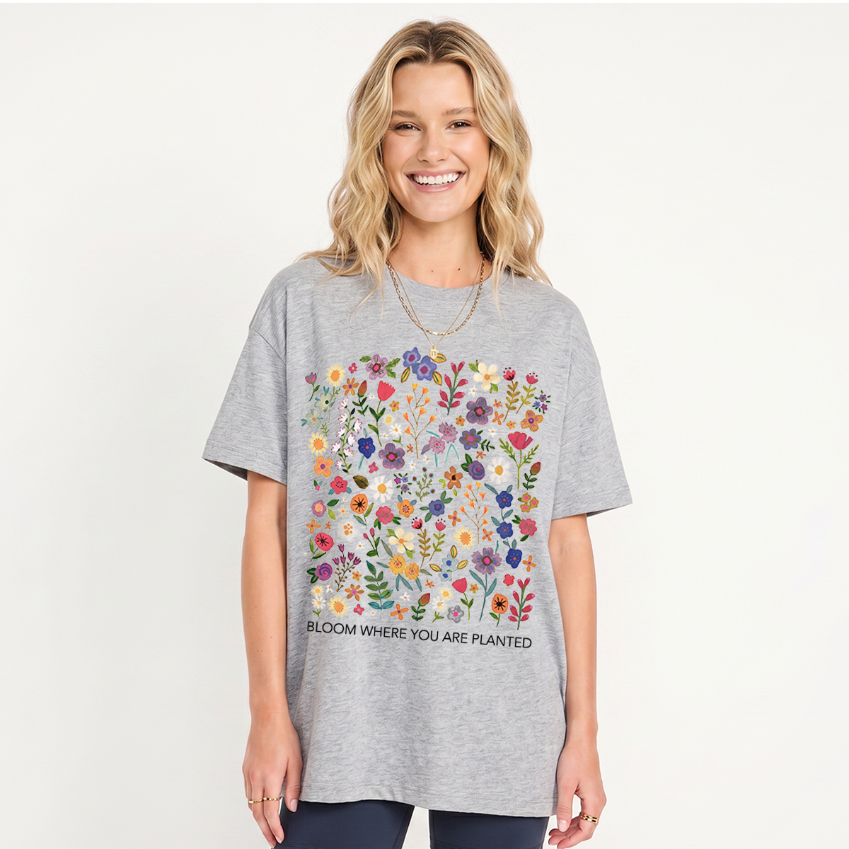 Bloom Where You Are Planted Print Crew Neck Cotton Tee