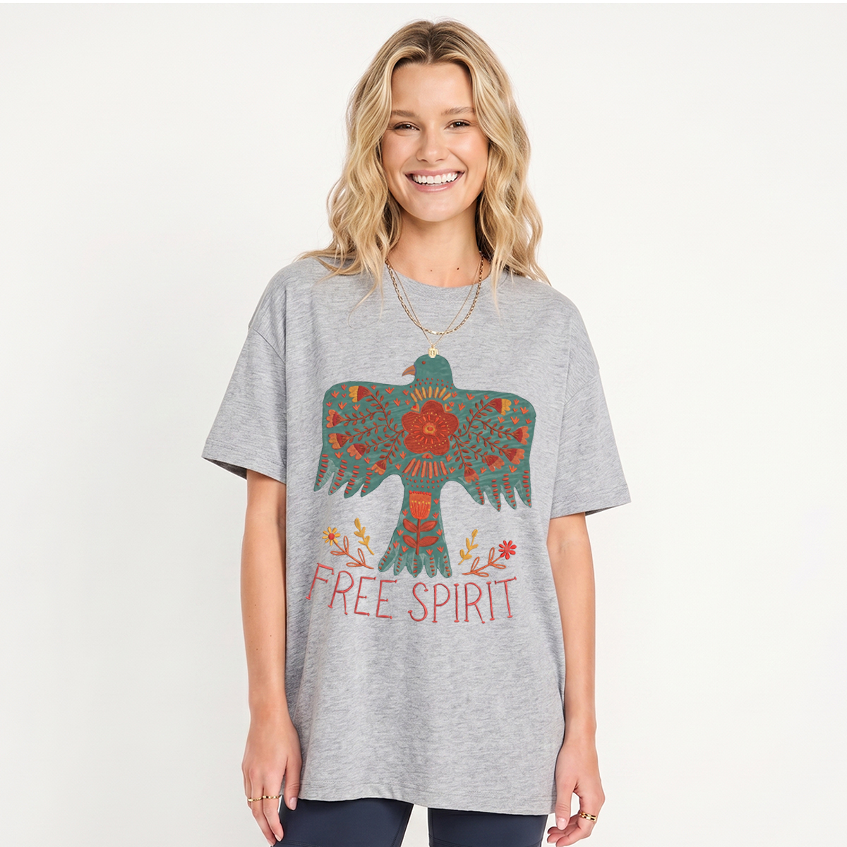 Boho Free Spirit Print Crew Neck Cotton Tee