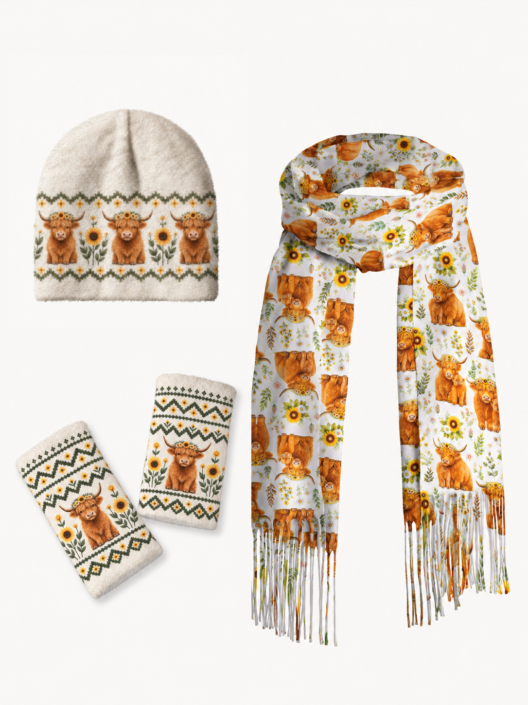 Spring Highland Cow Beanie Scarf & Fingerless Gloves Set