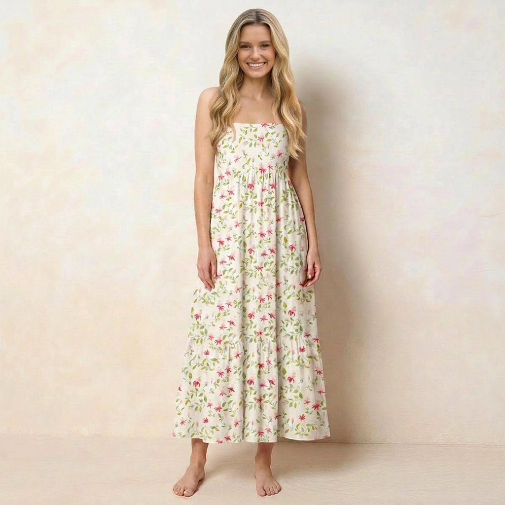 Square Neck Ruby Vine Print Slip Dress