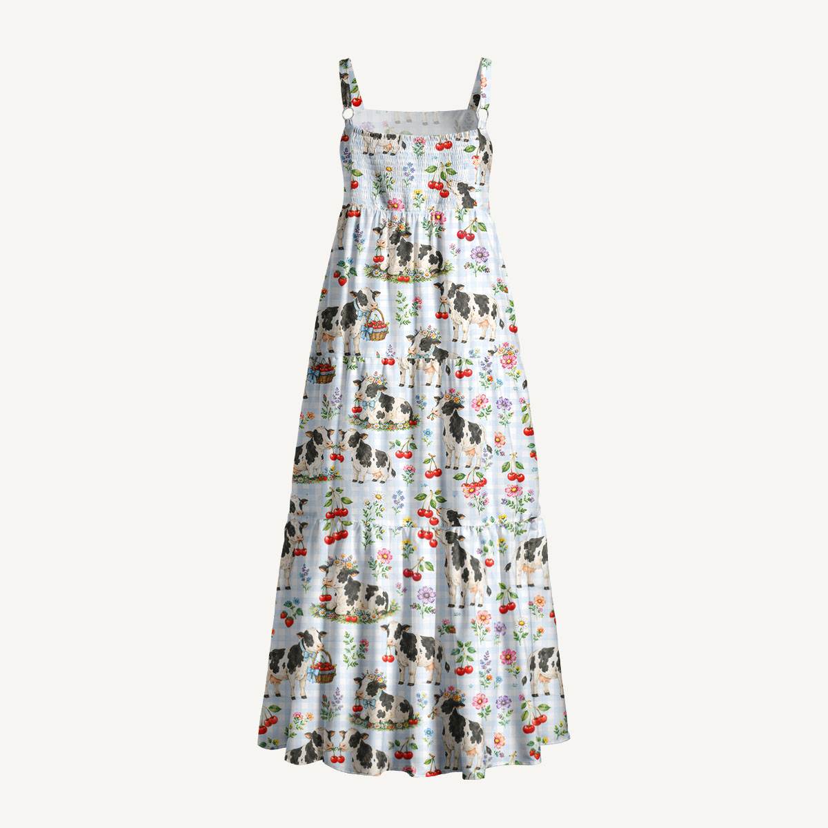 Milk Cow Cherry Garden Print Wide Straps Maxi Dress With Pockets