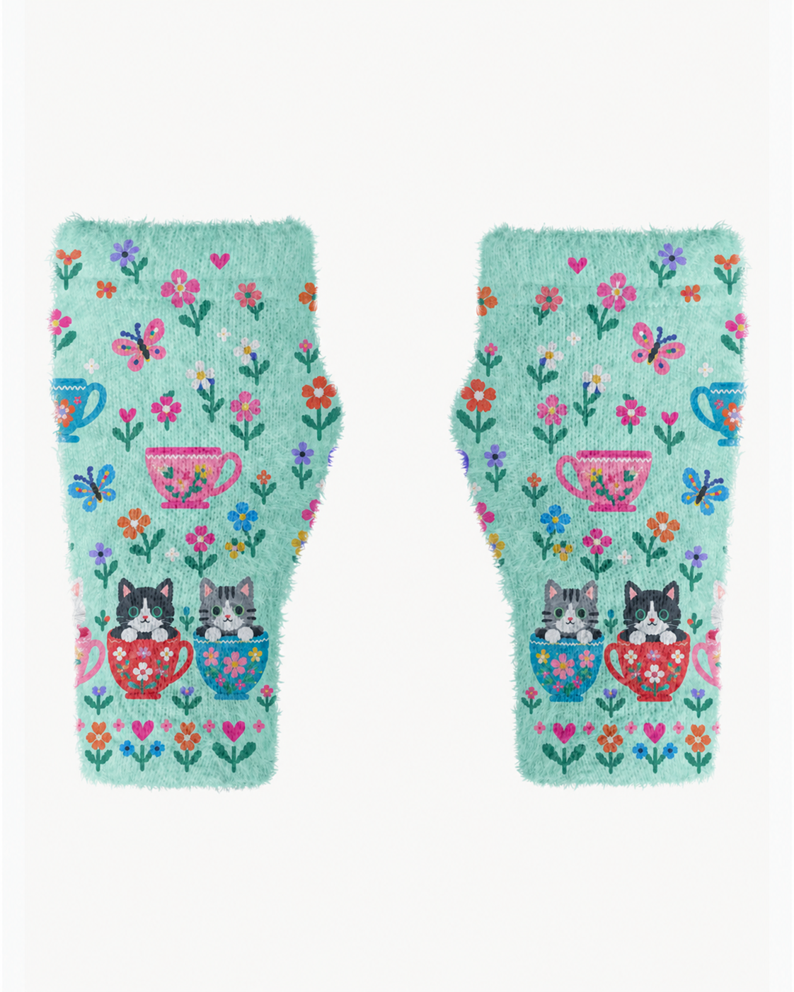 Cute Teacup Kitten Beanie Scarf & Fingerless Gloves Set