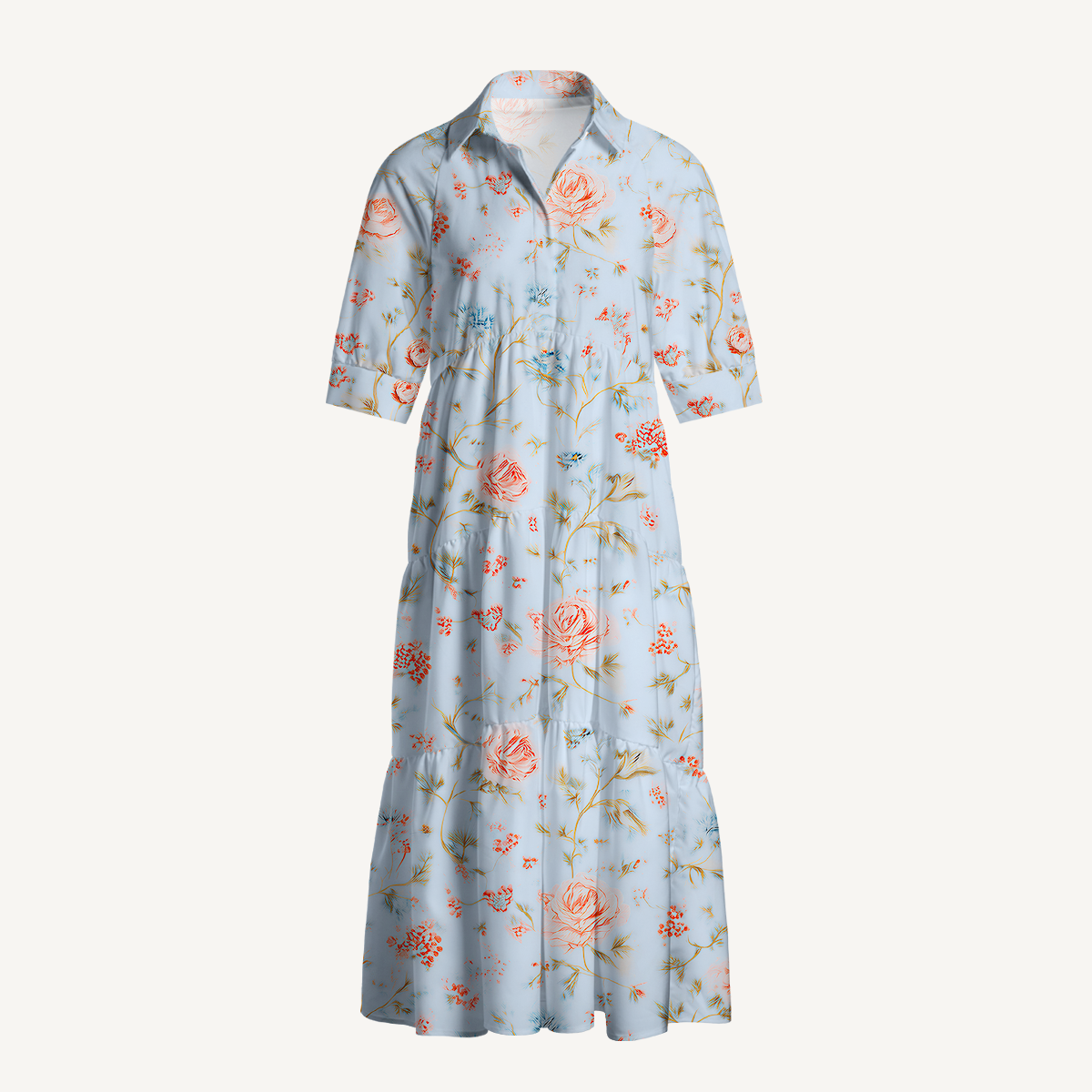  V Neck Collared Rosabelle Bloom Casual Long Shirt Dress 