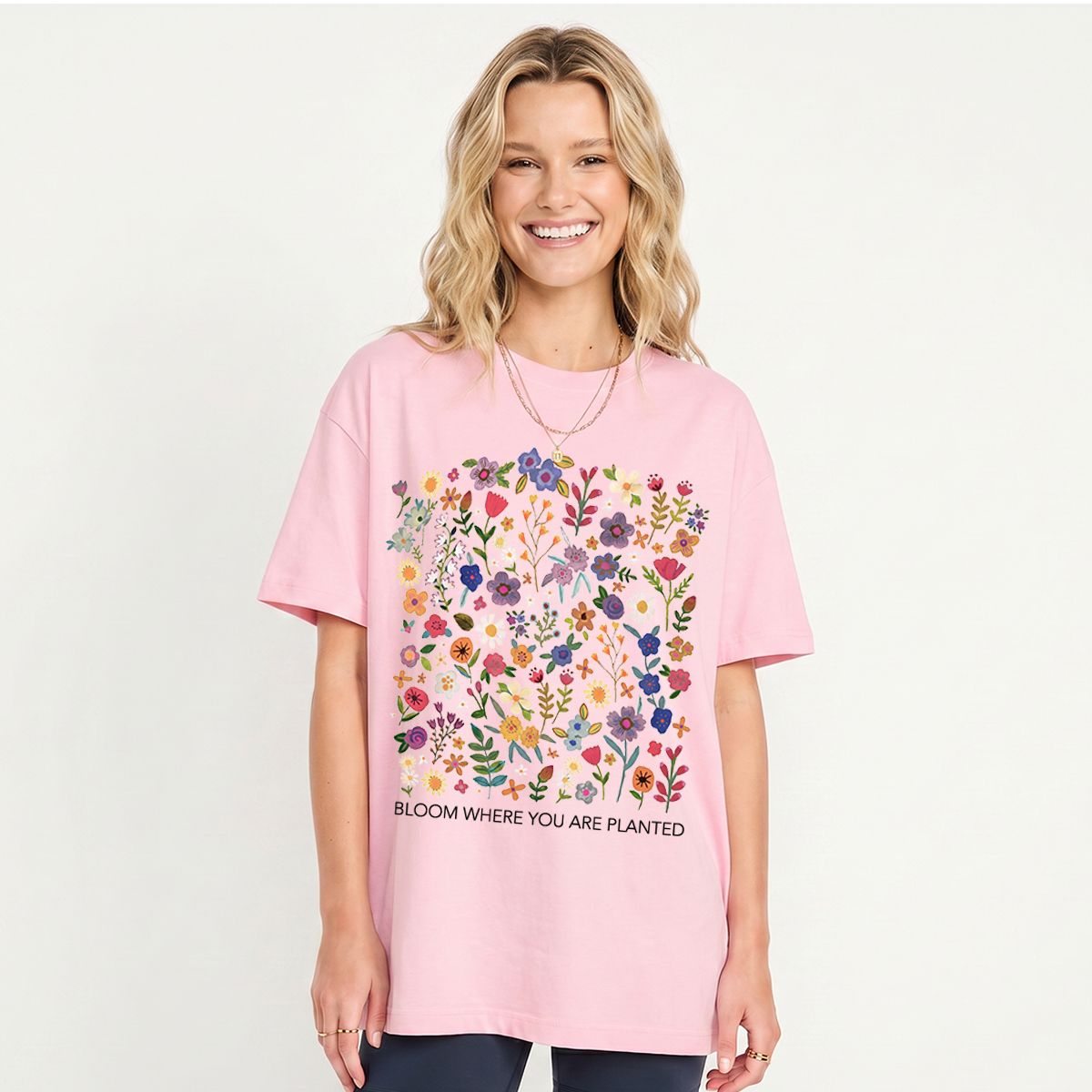 Bloom Where You Are Planted Print Crew Neck Cotton Tee
