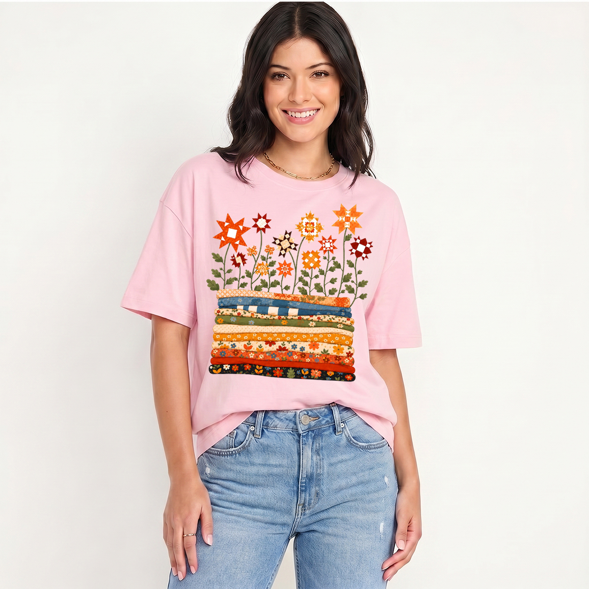 Patchwork Star Quilt Garden Print Crew Neck Cotton Tee