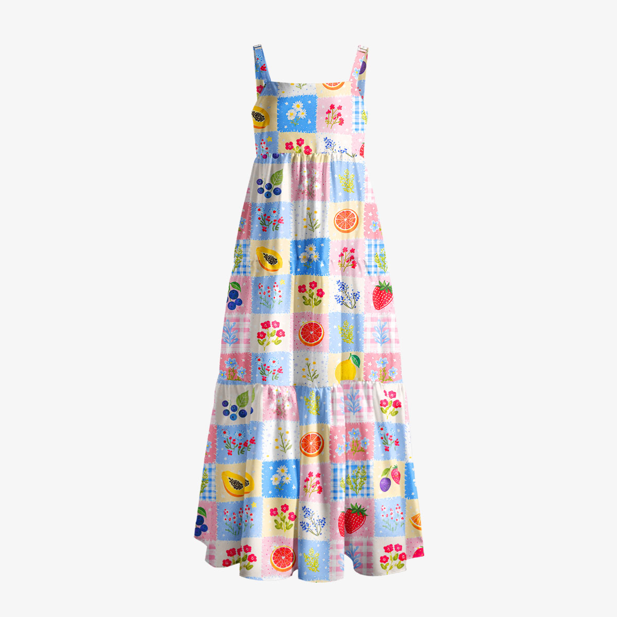 Watercolor Fruit Blossom Print Wide Straps Maxi Dress With Pockets