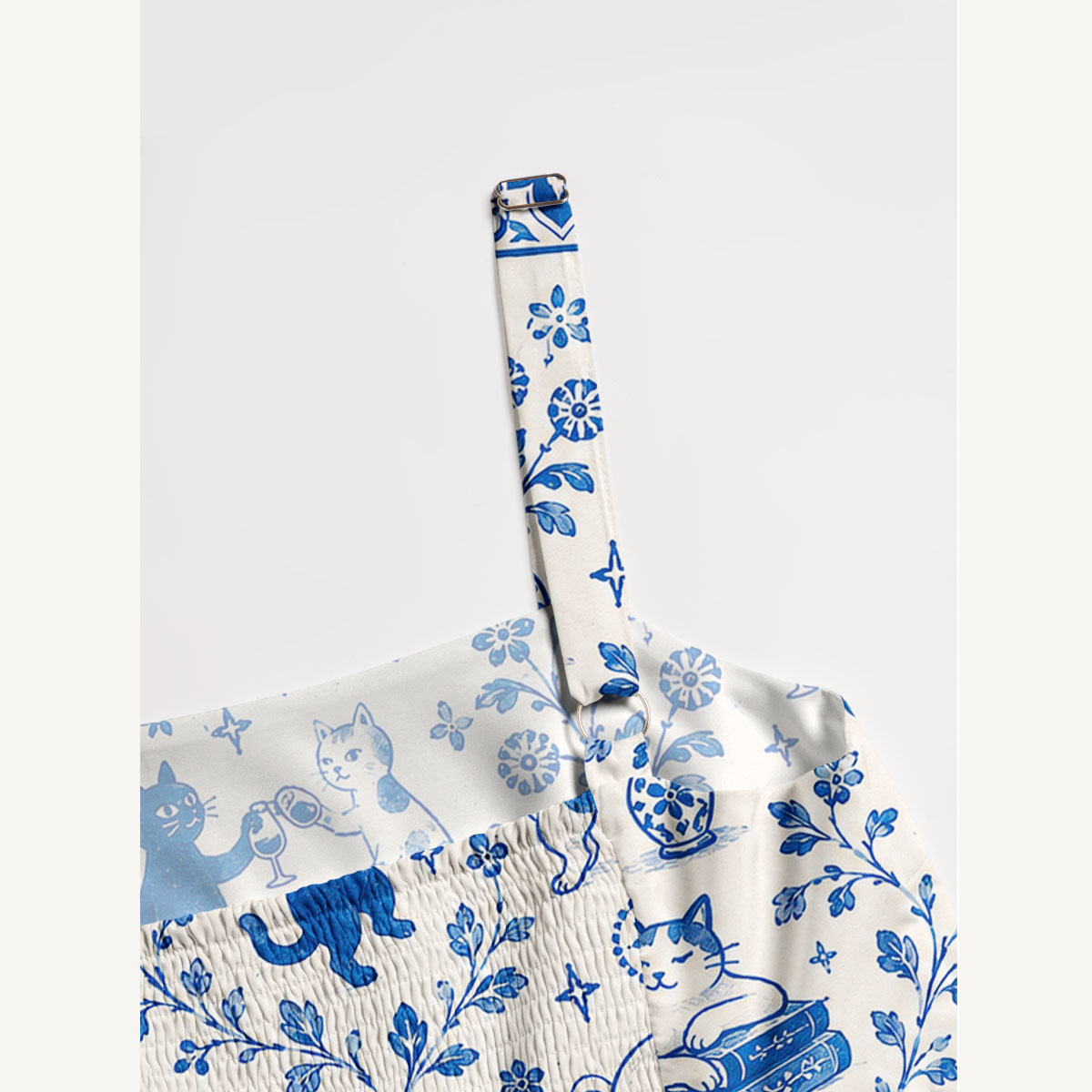 Whimsical Delft Cats Print Wide Straps Maxi Dress With Pockets