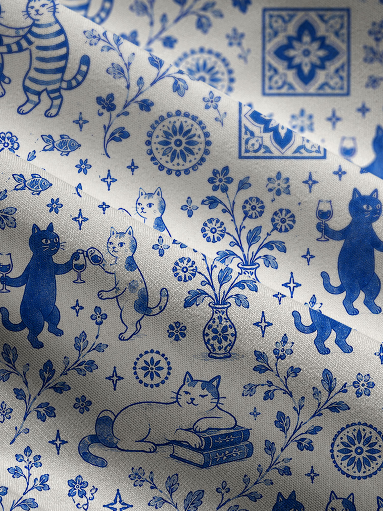 V Neck Collared Whimsical Delft Cats Print Casual Midi Dress With Pockets