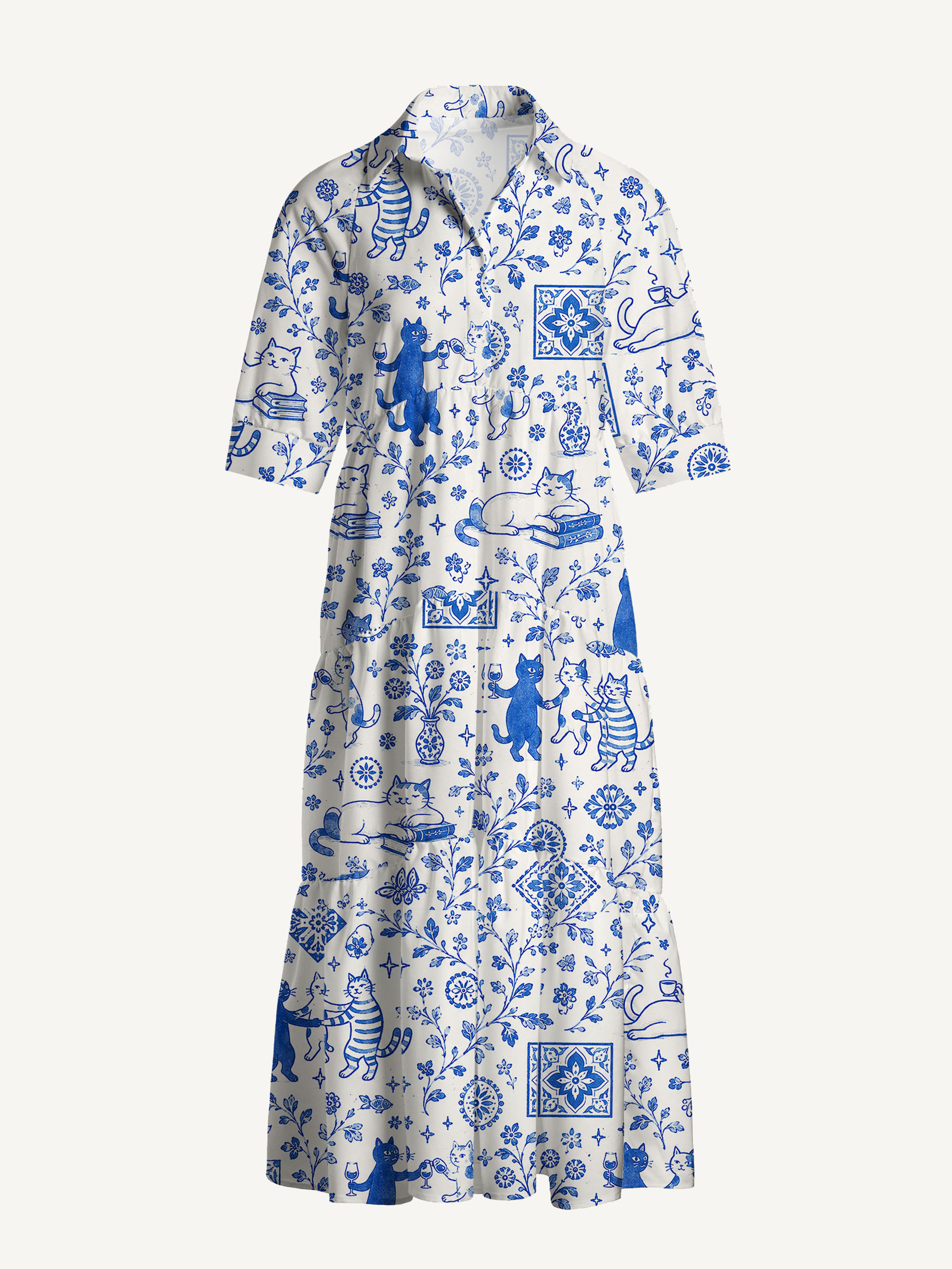 V Neck Collared Whimsical Delft Cats Print Casual Midi Dress With Pockets