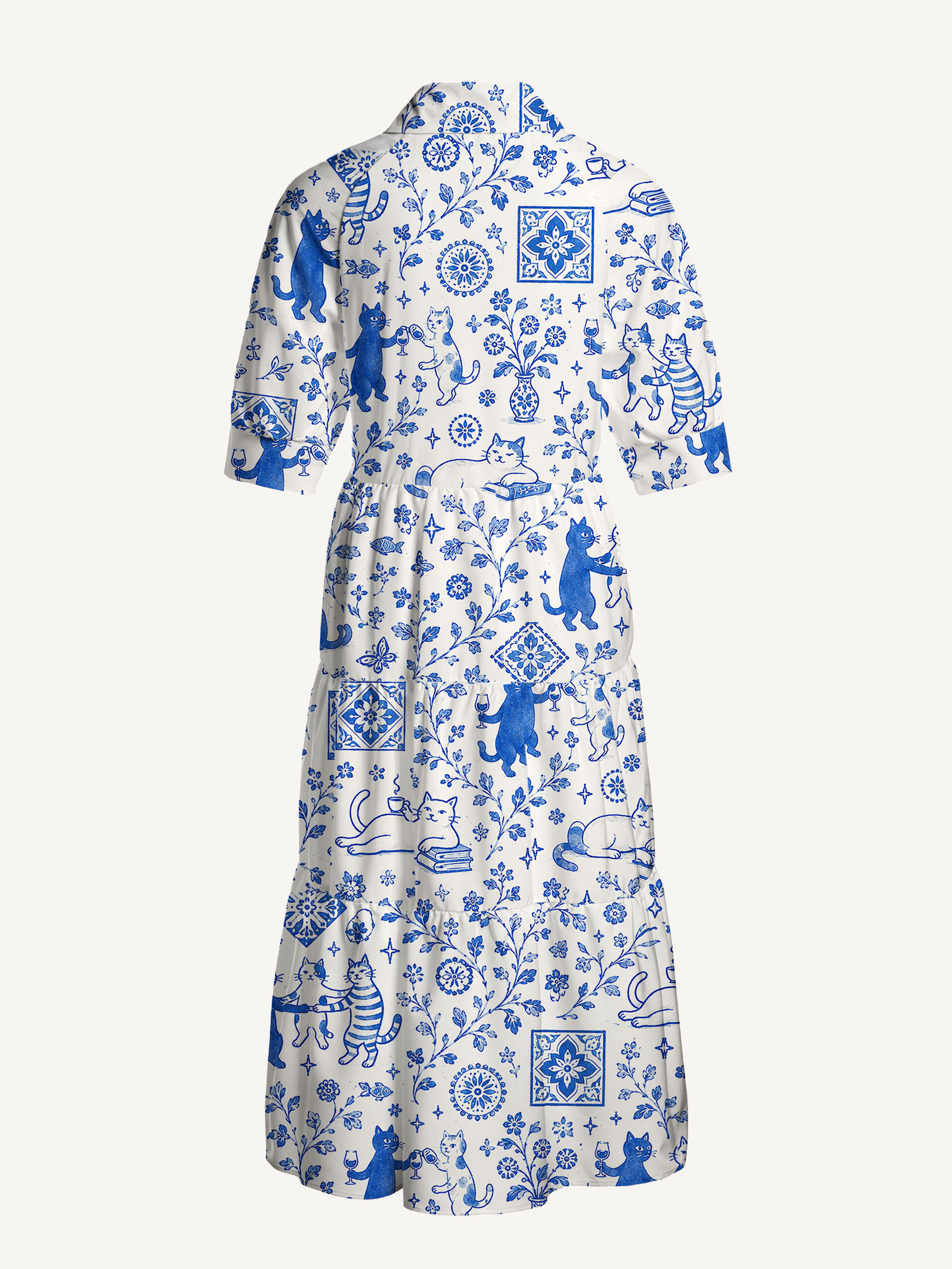 V Neck Collared Whimsical Delft Cats Print Casual Midi Dress With Pockets