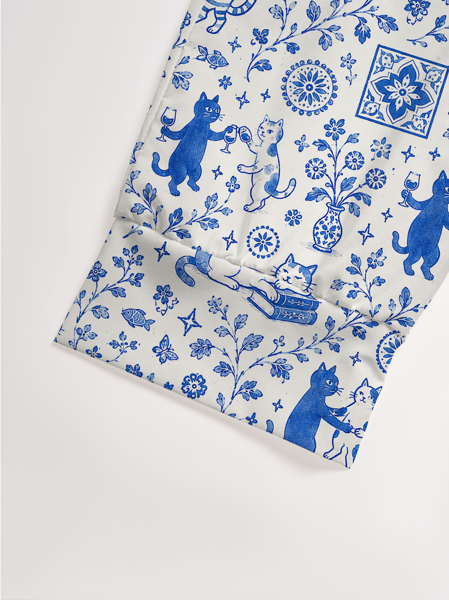 V Neck Collared Whimsical Delft Cats Print Casual Midi Dress With Pockets