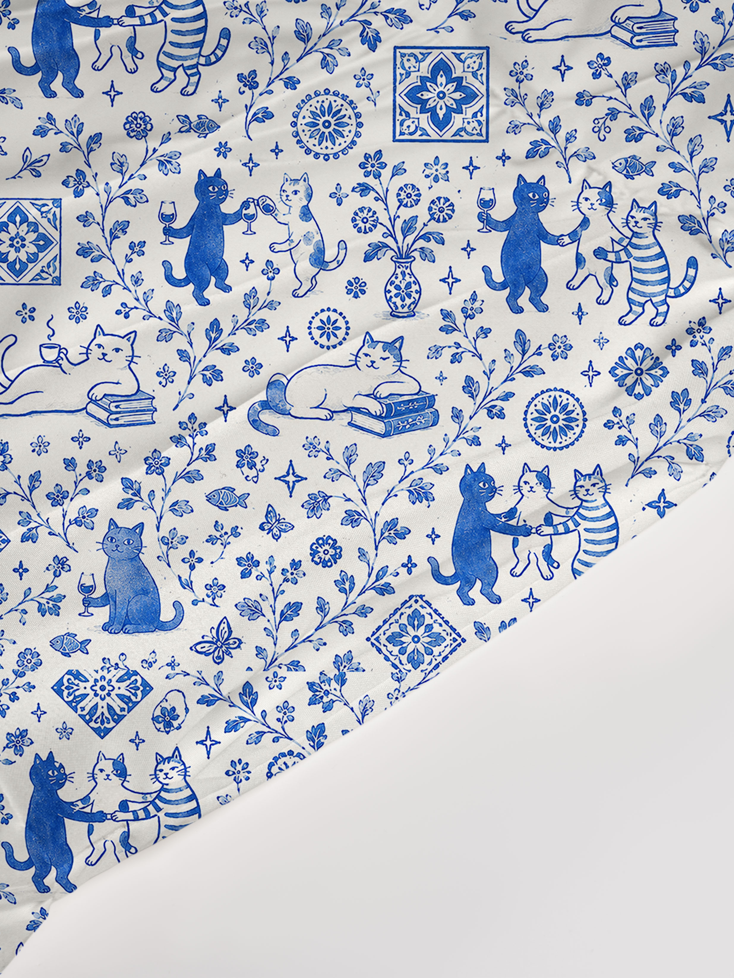 V Neck Collared Whimsical Delft Cats Print Casual Midi Dress With Pockets
