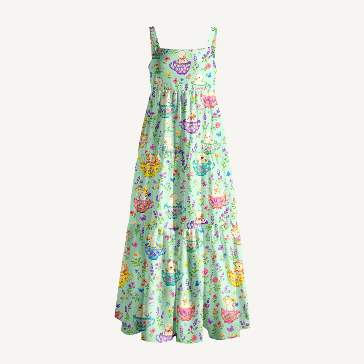 Whimsical Ducklings in Floral Teacups Print Wide Straps Maxi Dress With Pockets