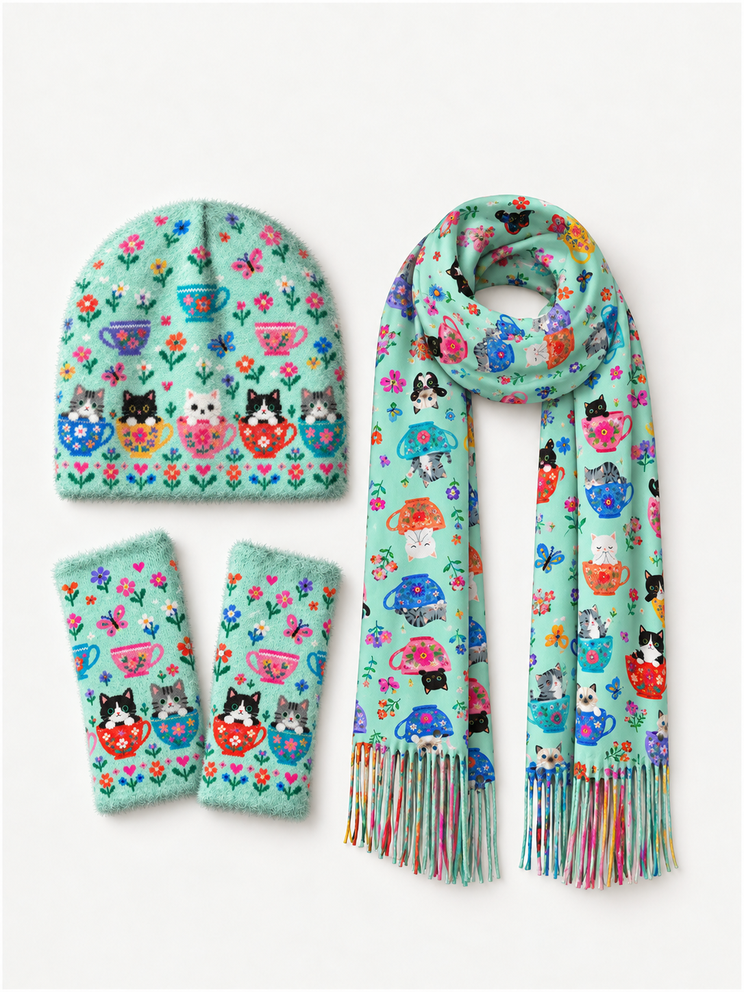 Cute Teacup Kitten Beanie Scarf & Fingerless Gloves Set