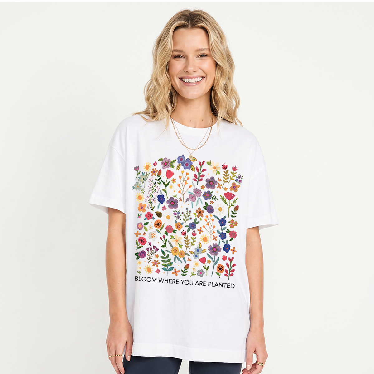 Bloom Where You Are Planted Print Crew Neck Cotton Tee