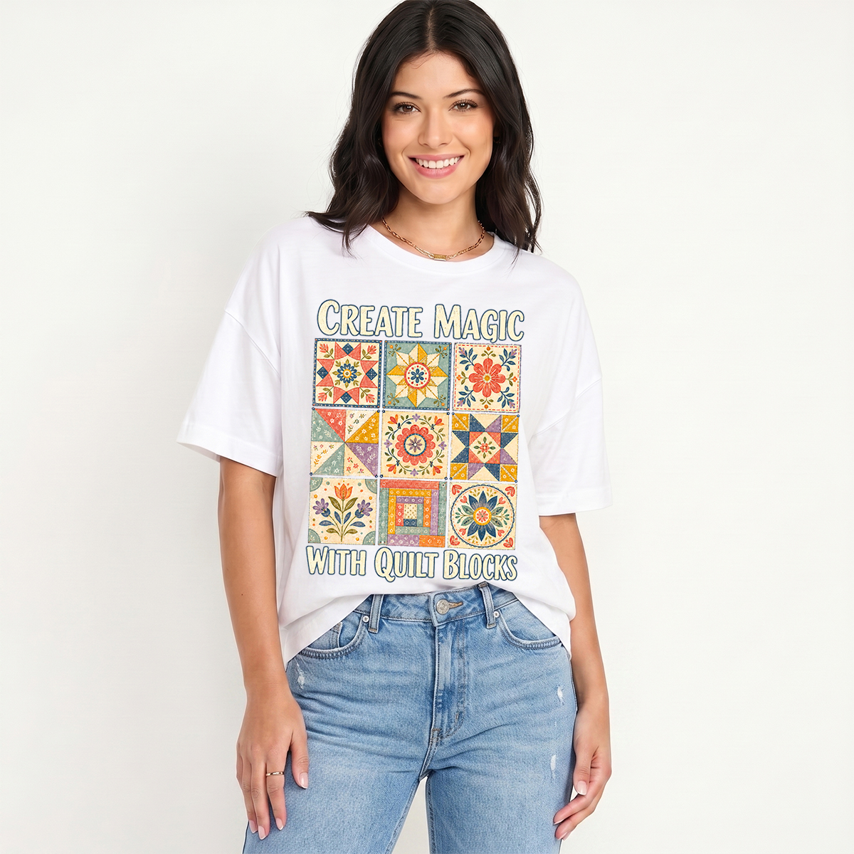 Magic Quilt Blocks Print Crew Neck Cotton Tee