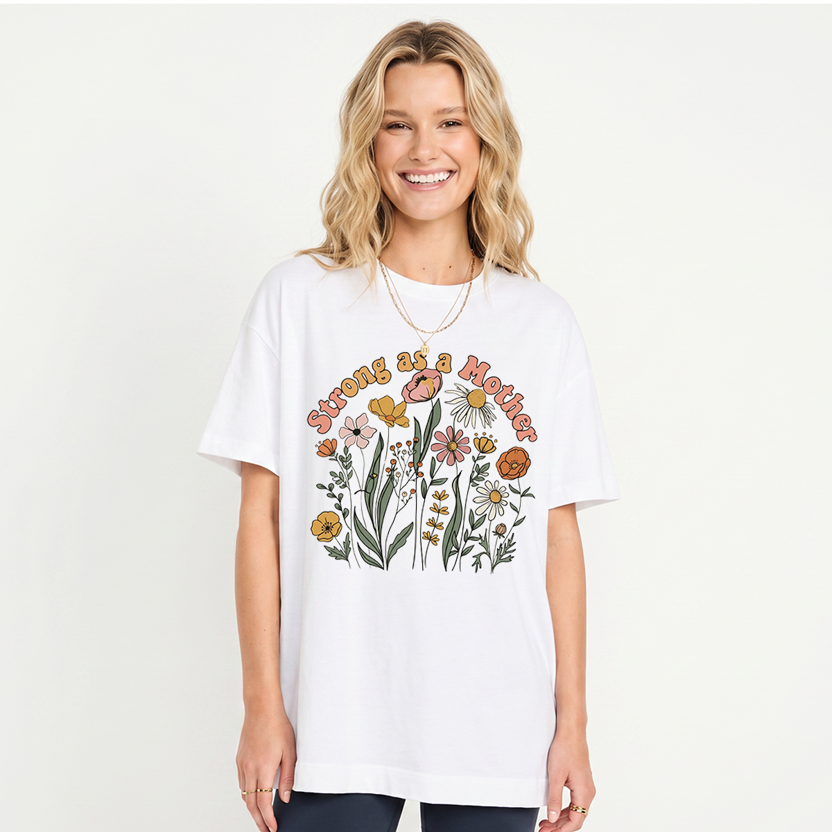 Strong As A Mother Print Crew Neck Cotton Tee