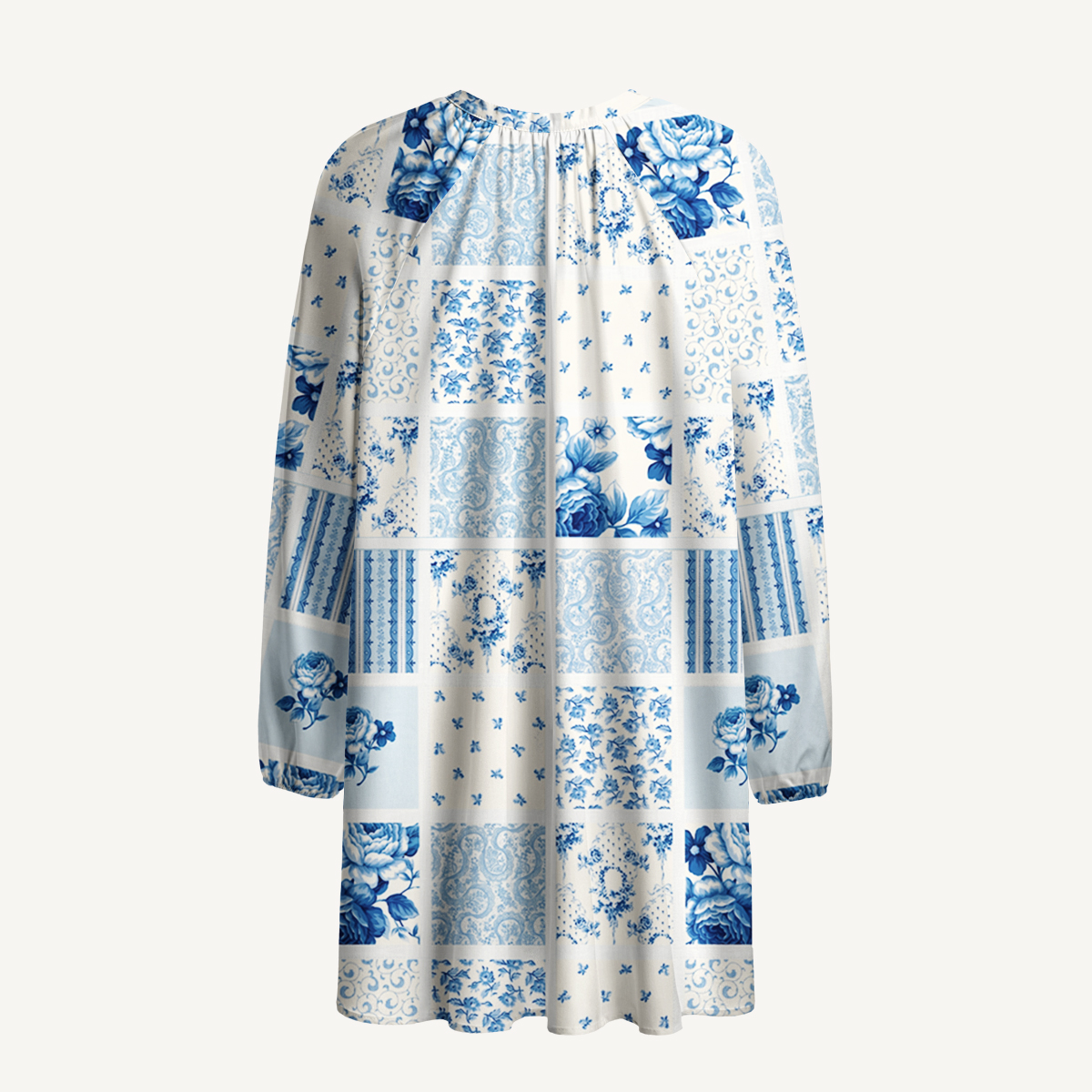 Delft Blue Floral Patchwork Print Boho Tie‑Neck Smock Mini Dress