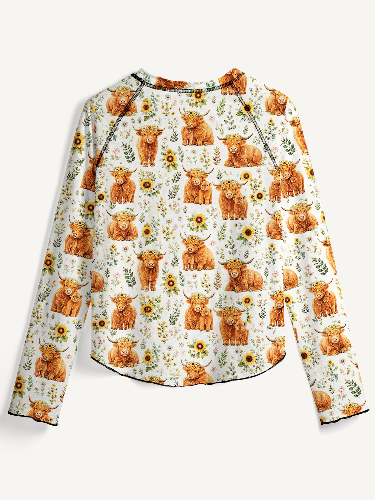 Spring Highland Cow Floral All-Over Print Cotton Raglan Long Sleeve Top