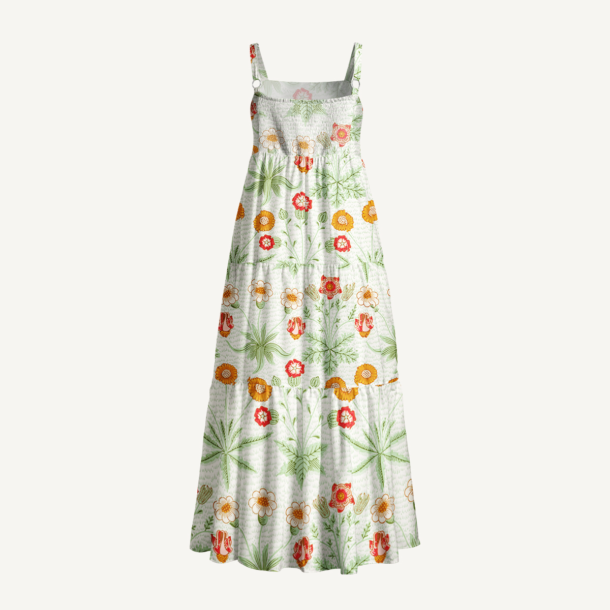 Delicate Retro Florals Mint Green Leaves Print Quilt Wide Straps Maxi Dress With Pockets