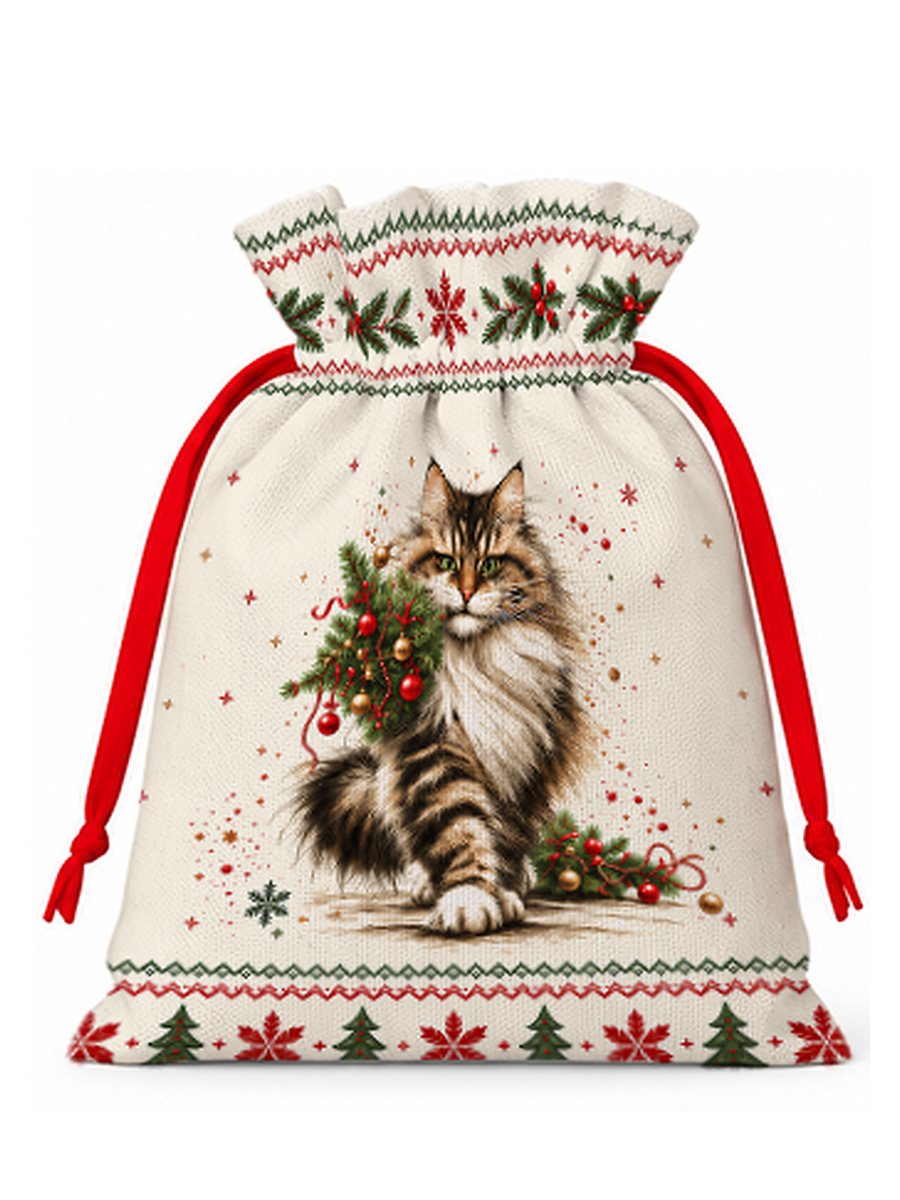 Charming Christmas Cat Reusable Drawstring Gift Bag