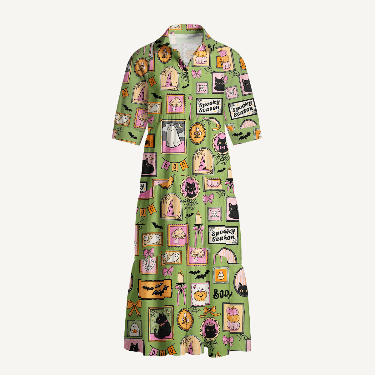 V Neck Spooky Cottage Cats & Halloween Print Casual Midi Dress With Pockets