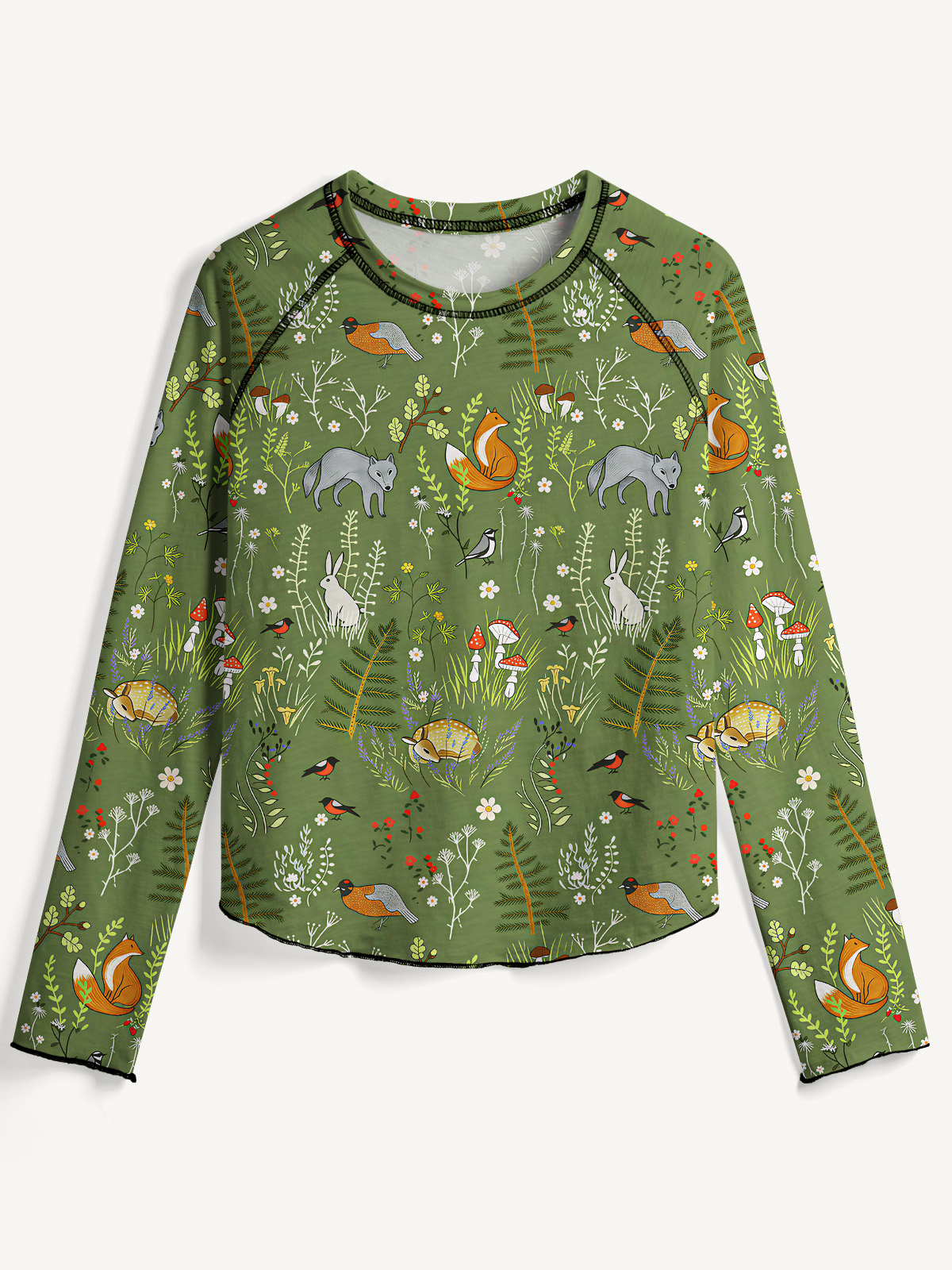Whimsical Woodland Animals All-Over Print Cotton Raglan Long Sleeve Top