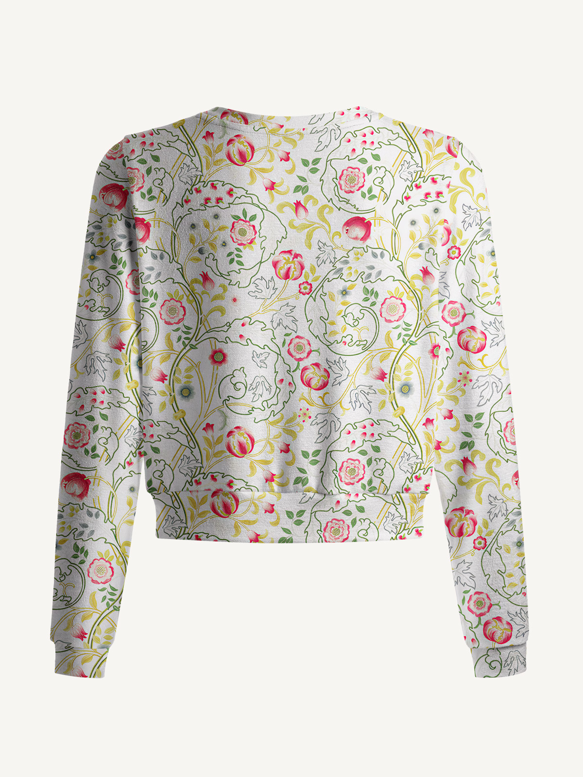 Lightweight Crew Neck Long‑Sleeve Cropped Peony Vine Garden Print Fine‑Knit Cardigan