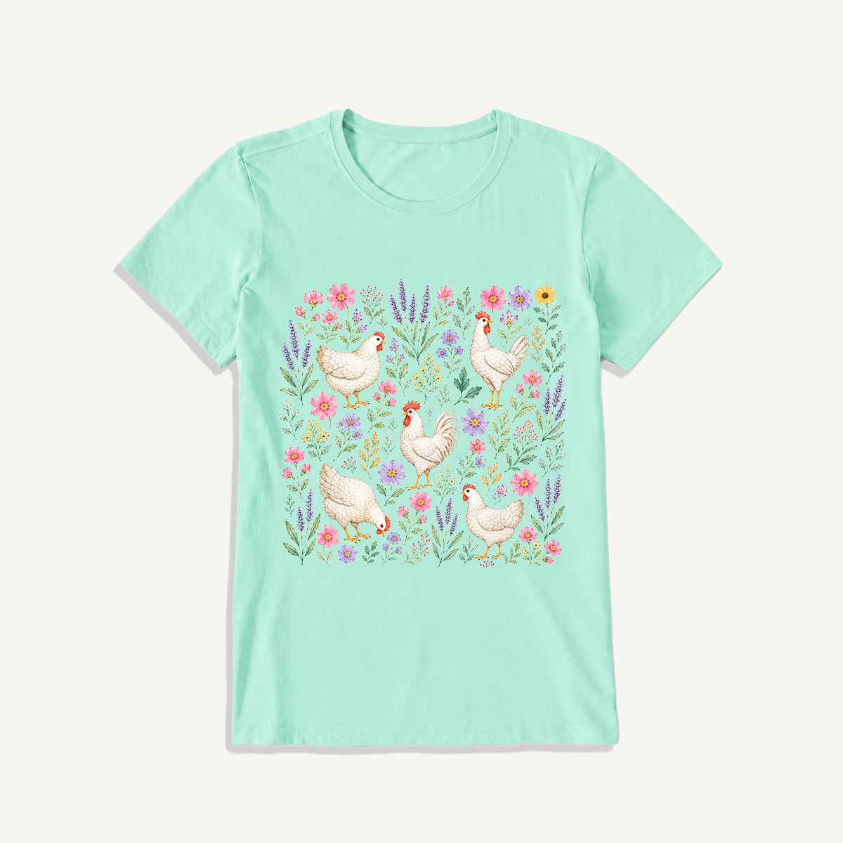 Blooming White Chicken Meadow Print Crew Neck Cotton Tee