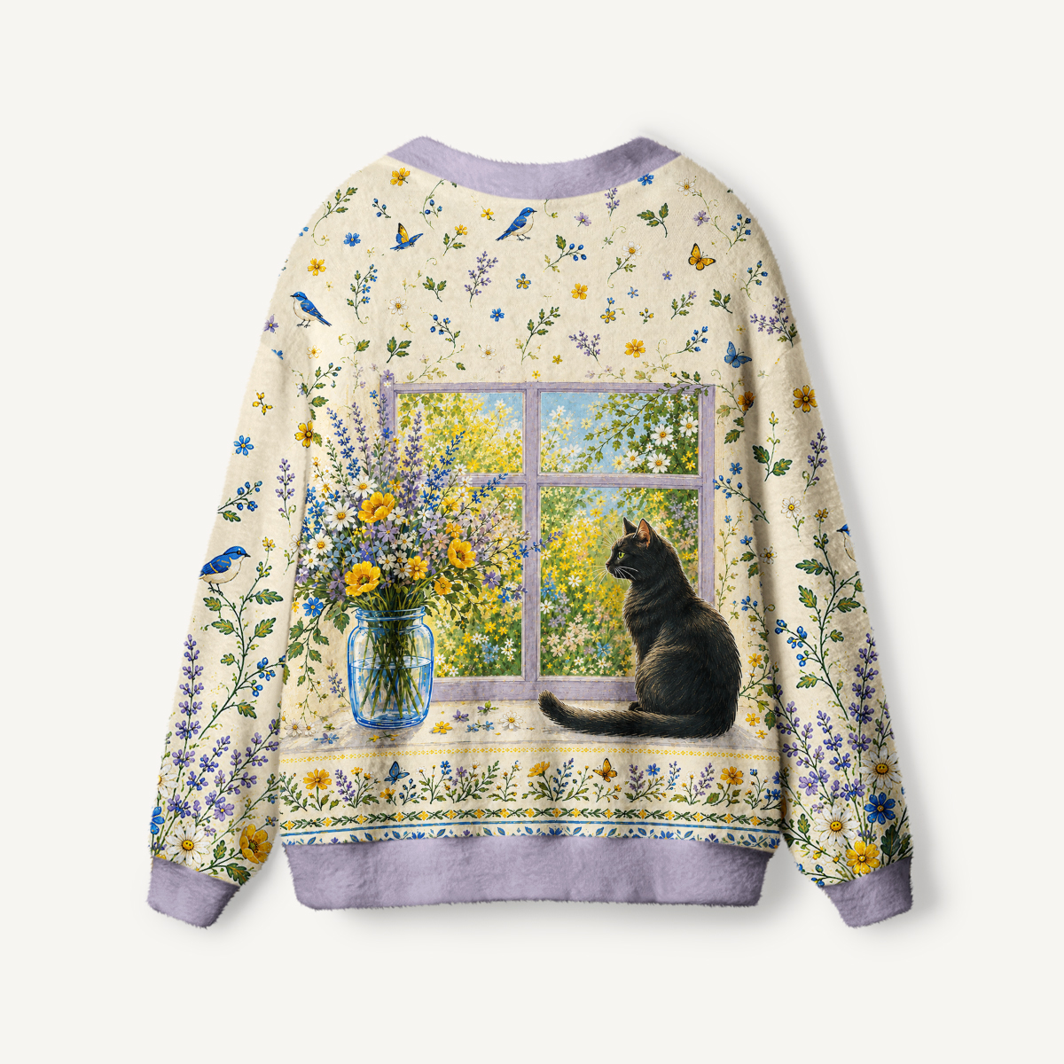 Black Cat Garden Print Ugly Cardigan Sweaters
