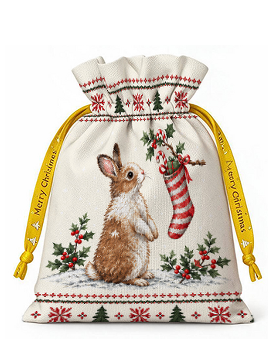 Cozy Christmas Bunny Reusable Drawstring Gift Bag