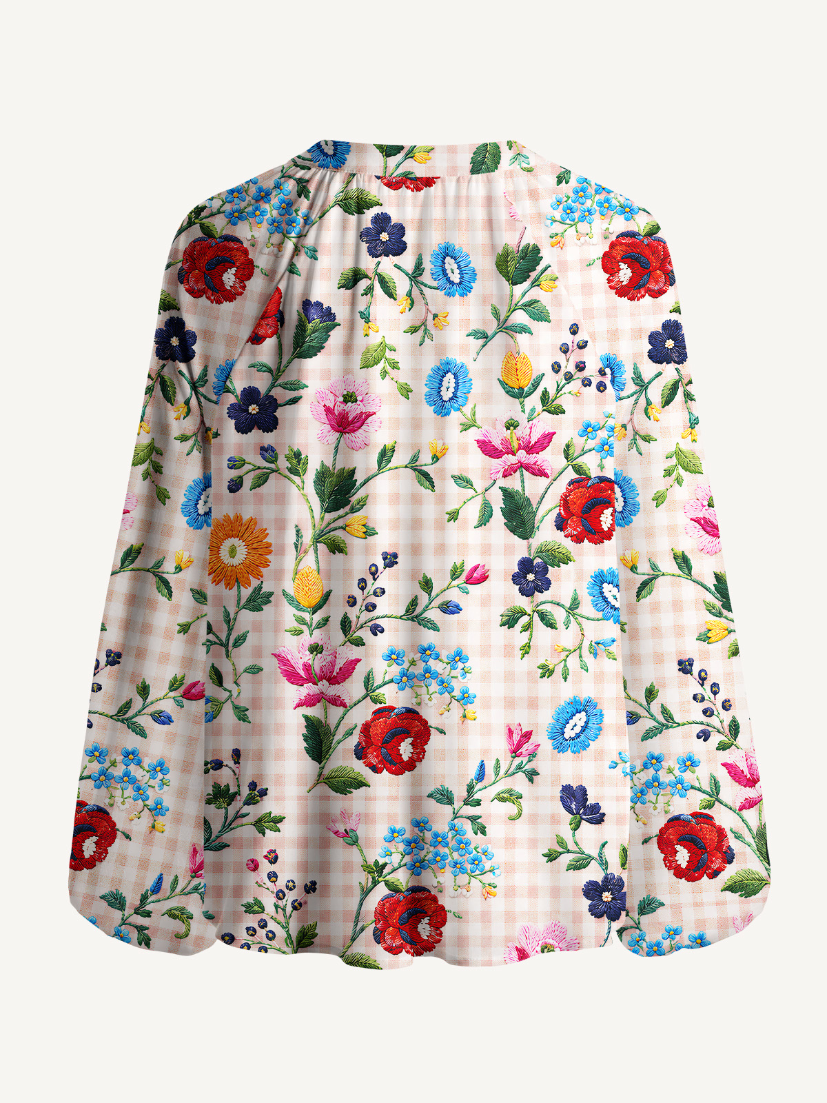 Embroidered Meadow Gingham Print Boho Long Sleeve Tie‑Neck Blouse