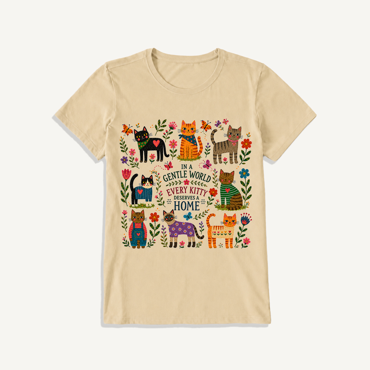 Gentle World Kitty Garden Print Crew Neck Cotton Tee
