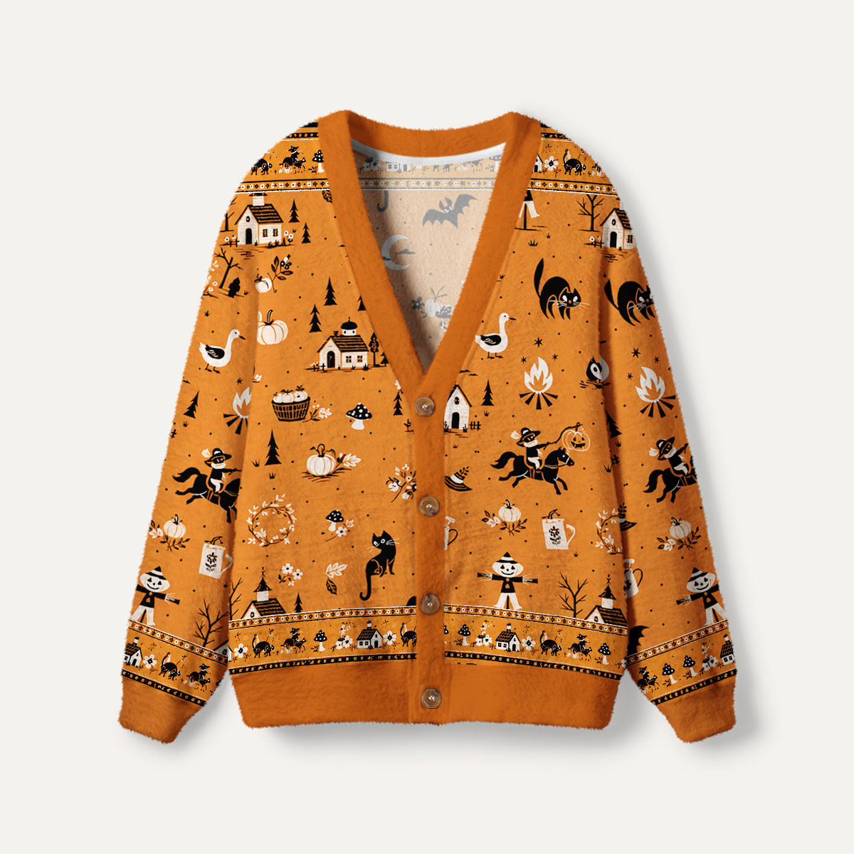 Moonlit Halloween Village Story Print Ugly Cardigan Sweaters