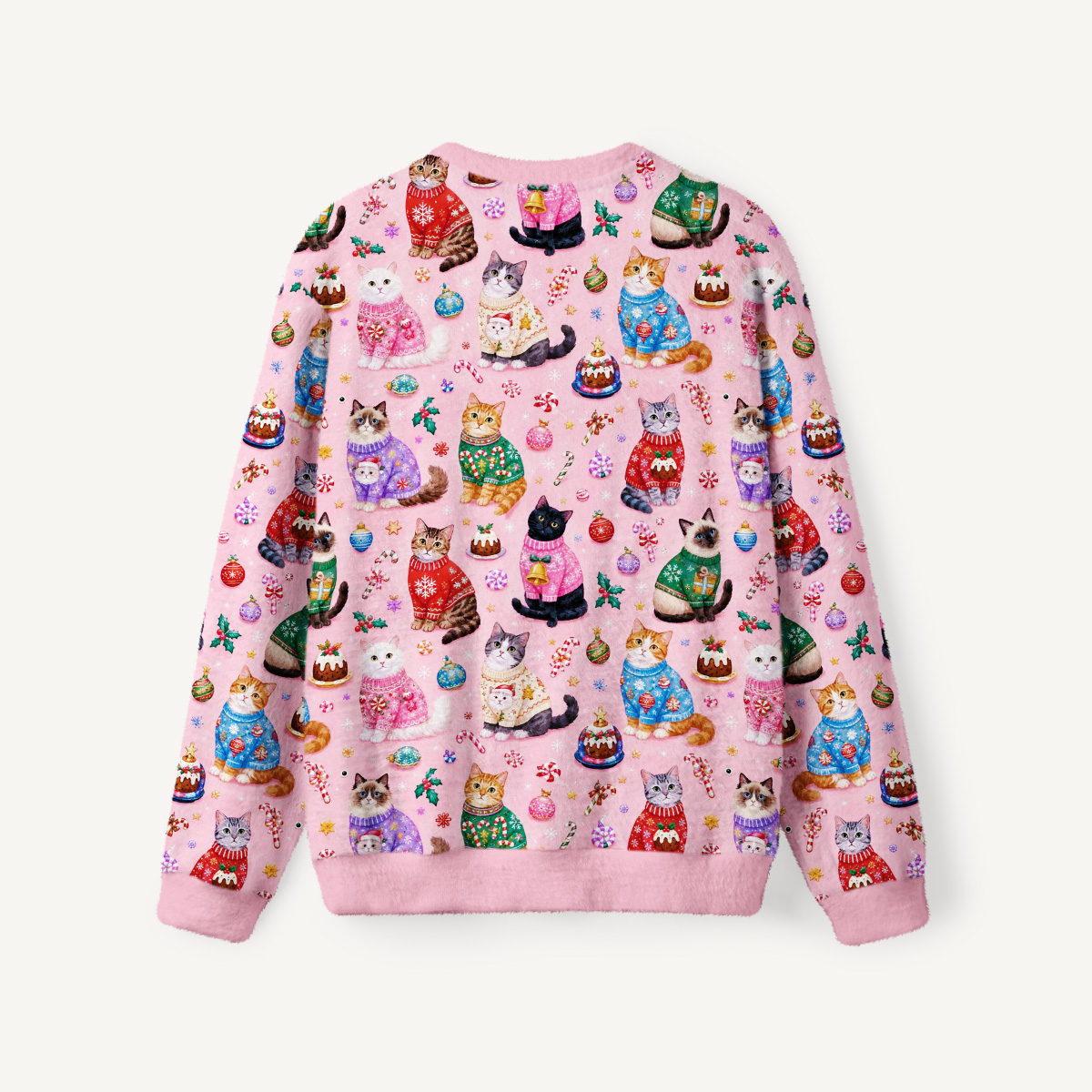 Christmas Sweater Cats Holiday Fuzzy Crewneck Sweater