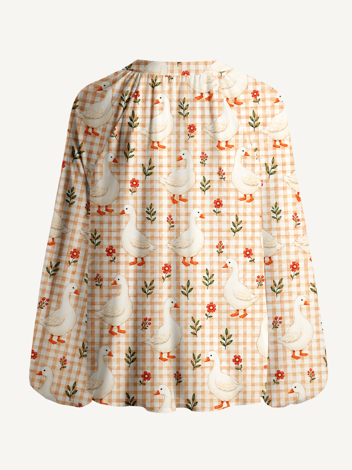 Country Gingham Garden GeesePrint Boho Long Sleeve Tie‑Neck Blouse