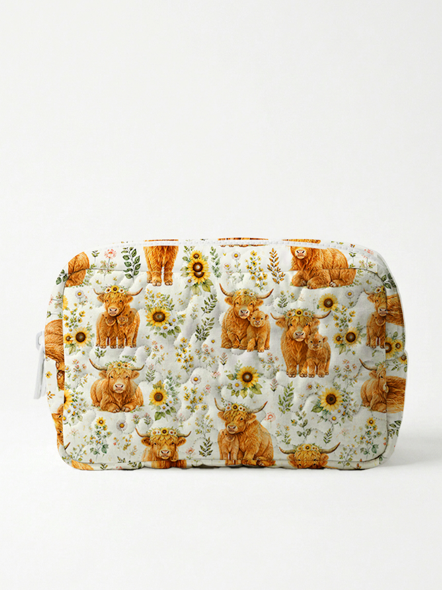 Spring Highland Cow Floral Print Cloud Quilted Cosmetic Pouch
