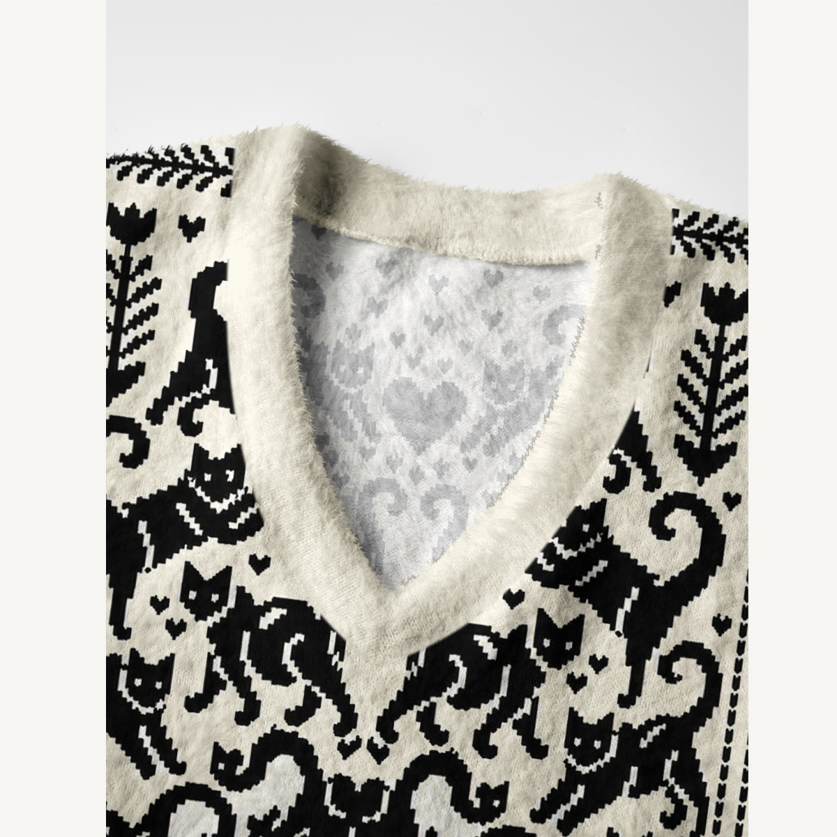 Black Cat Folk Hearts Print V-Neck Sweater Vest