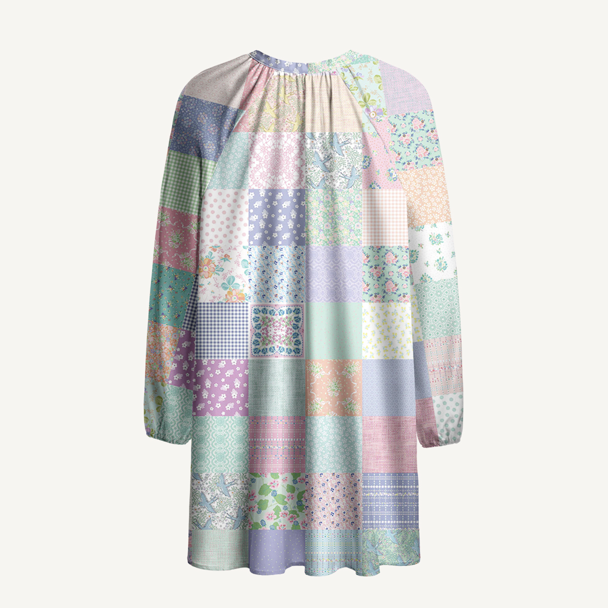 Vintage Quilt Patchwork Print Boho Tie‑Neck Smock Mini Dress