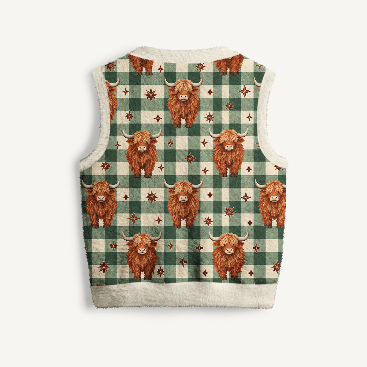 Highland Cow Plaid Print V-Neck Sweater Vest
