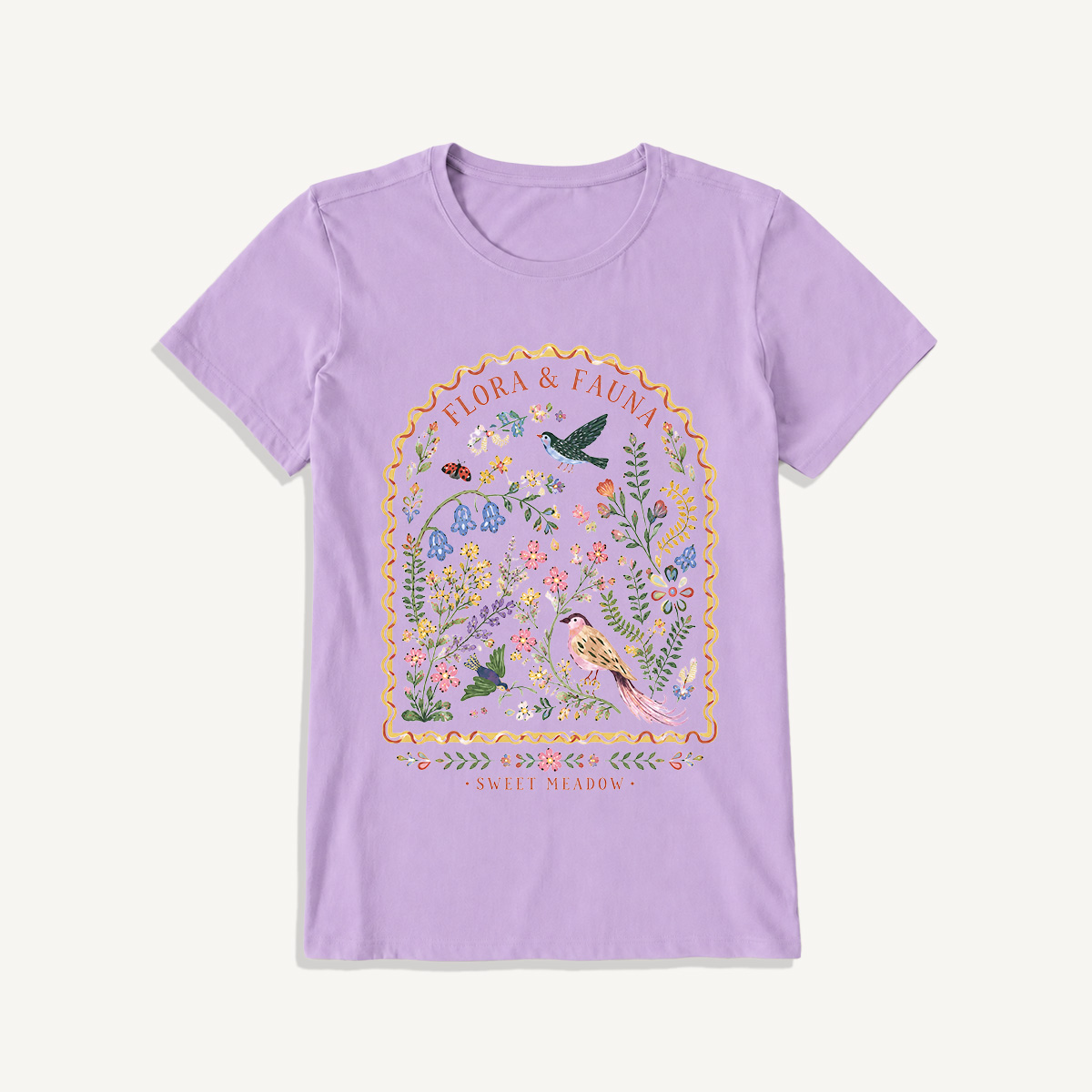 Folk Birds Sweet Meadow Print Crew Neck Cotton Tee