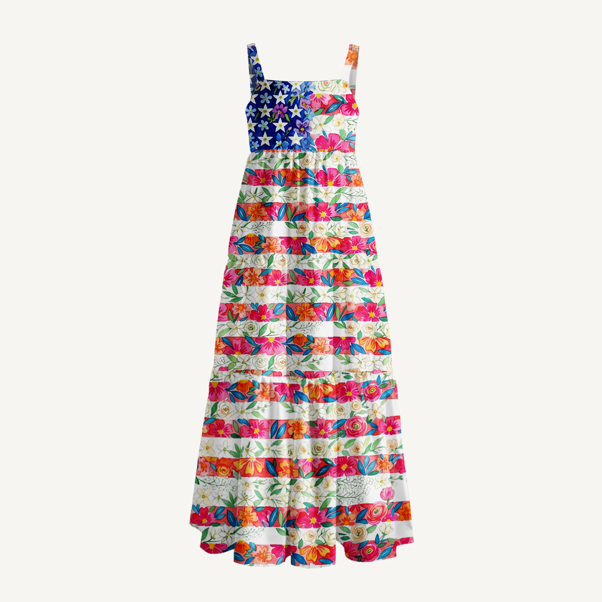 Botanical Stars and Stripes Print Wide Straps Maxi Dress With Pockets