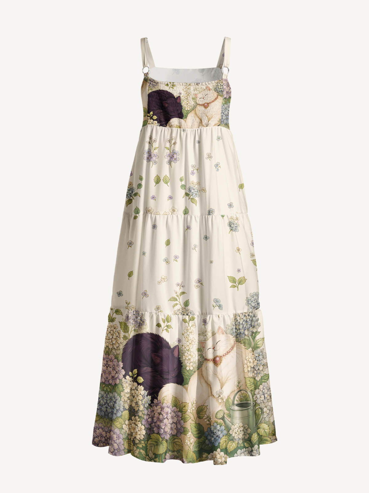 Hydrangea Garden Napping Cats Print Wide Straps Maxi Dress With Pockets
