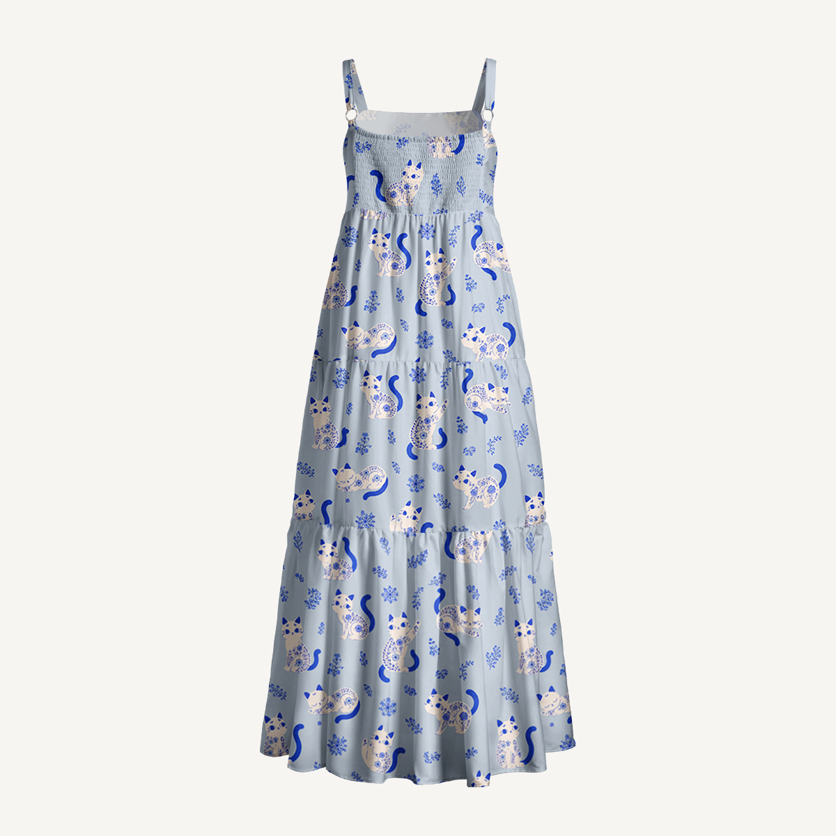 Cottagecore Blue China Cat Print Wide Straps Maxi Dress With Pockets