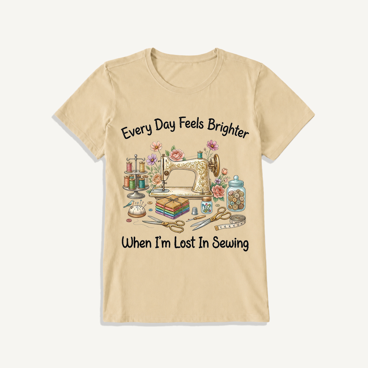 Lost in Sewing Joy Print Crew Neck Cotton Tee