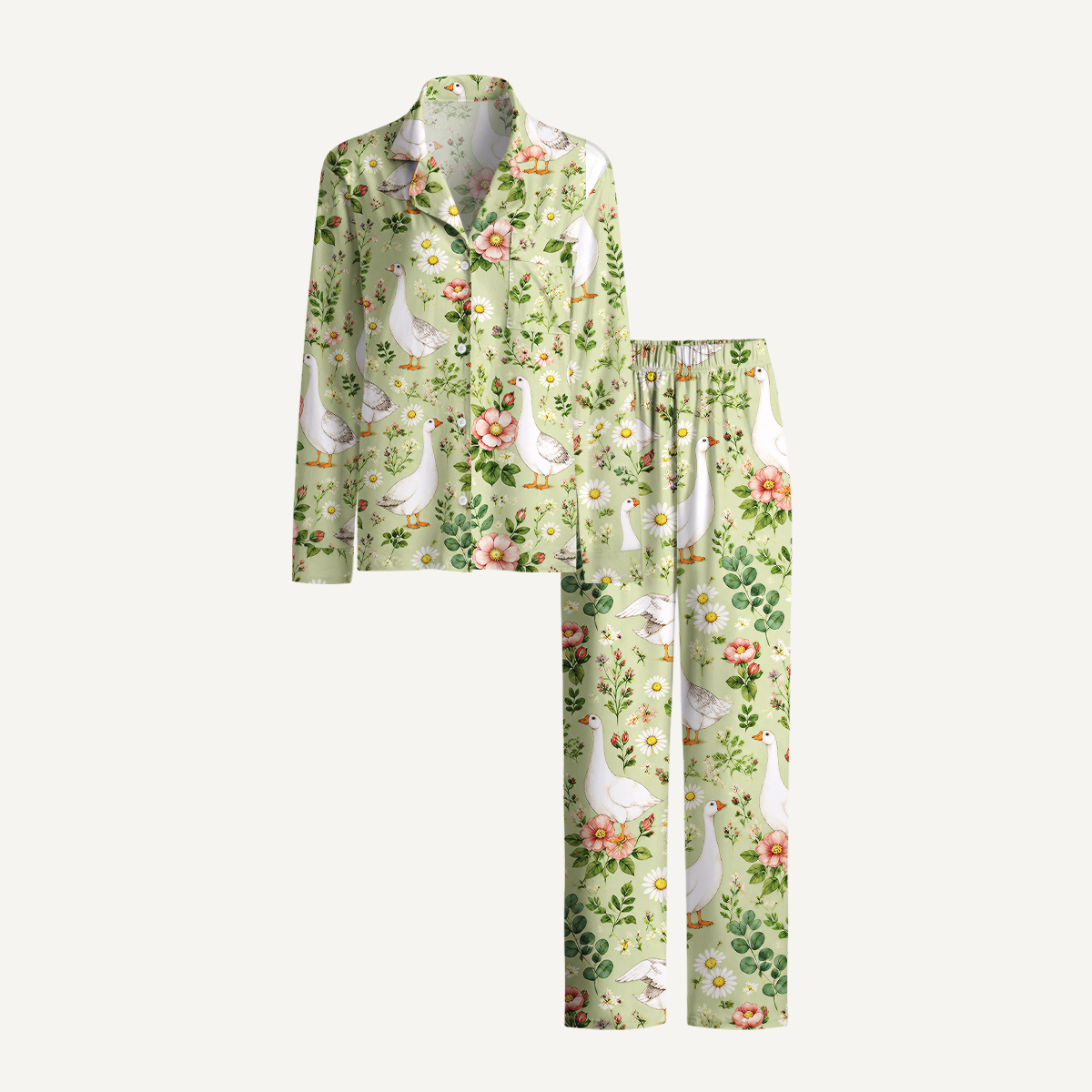 Pastoral Goose Garden Print Long Pajama Set 