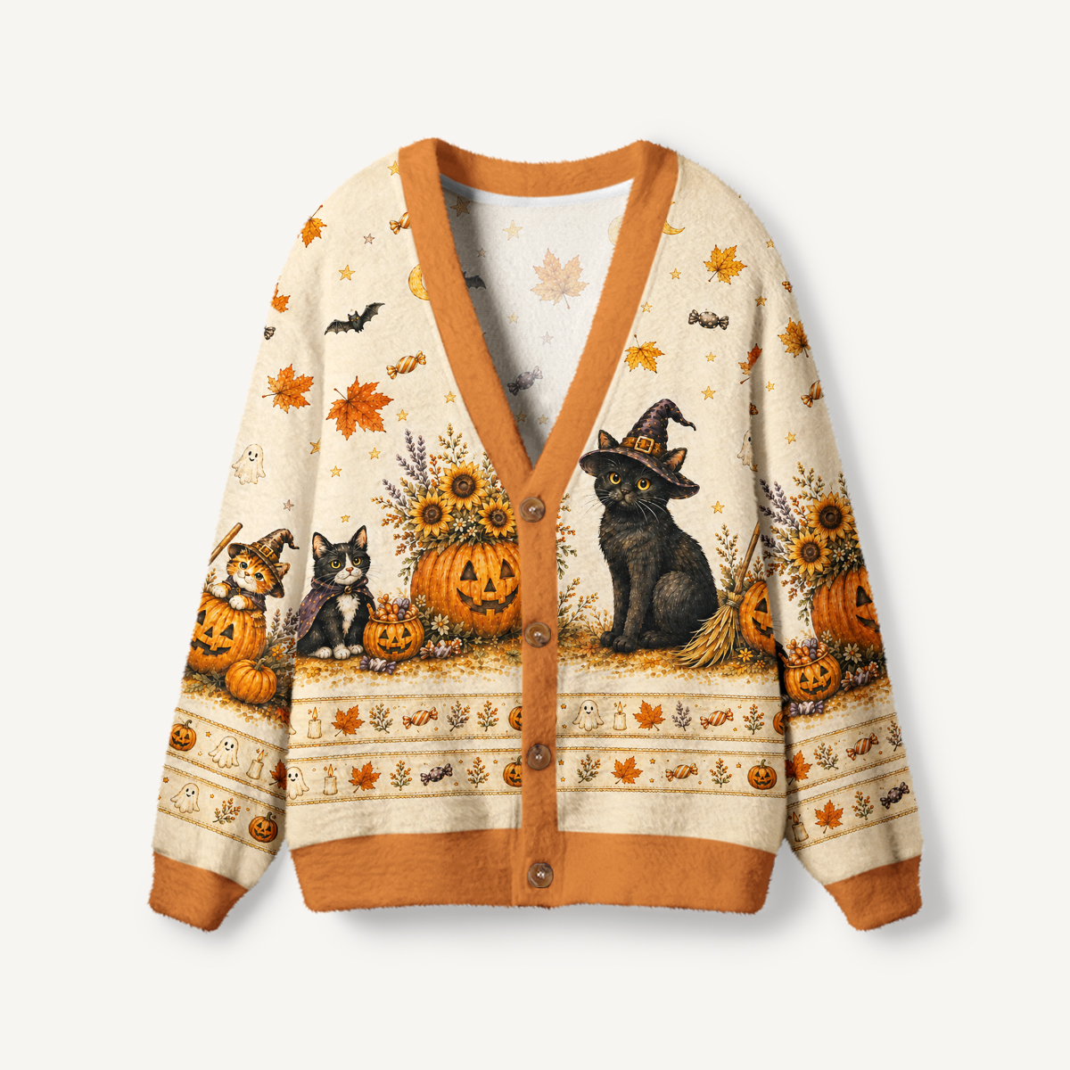 Spooky Cat & Pumpkin Print Halloween Ugly Cardigan Sweaters