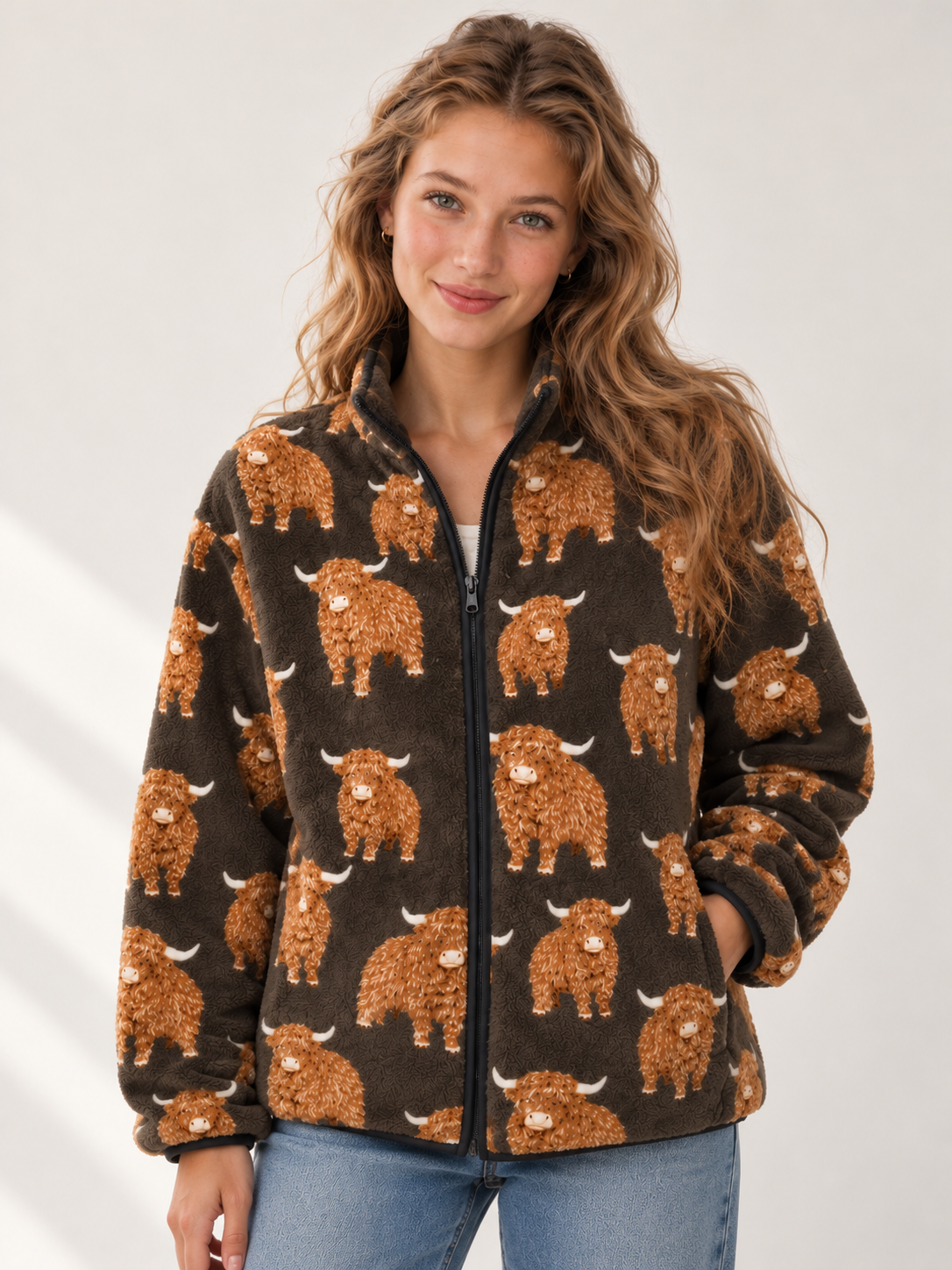Fluffy Highland Cow Print Fleece Jacket